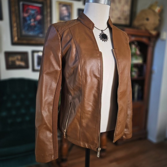 Kenneth Cole Jackets & Blazers - Kenneth Cole New York Cognac Faux Leather Moto Jacket Brown Small Quilted Zip